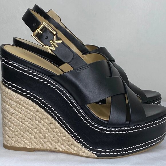 Michael Kors Women’s Nora Leather Wedge-Heel Slingback Sandals – Black – Size 6M - Picture 1 of 9